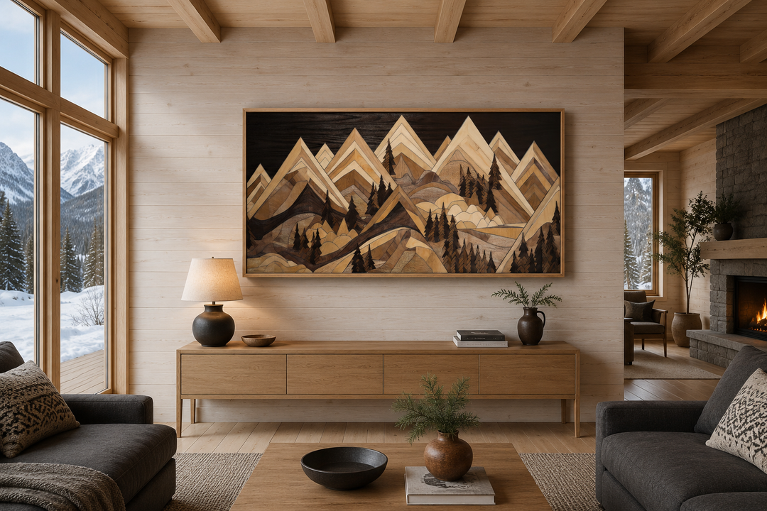Framed canvas wall art with a geometric wood-effect mountain landscape in a rustic cabin living room.