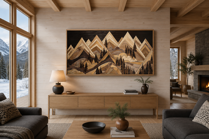 Framed canvas wall art with a geometric wood-effect mountain landscape in a rustic cabin living room.