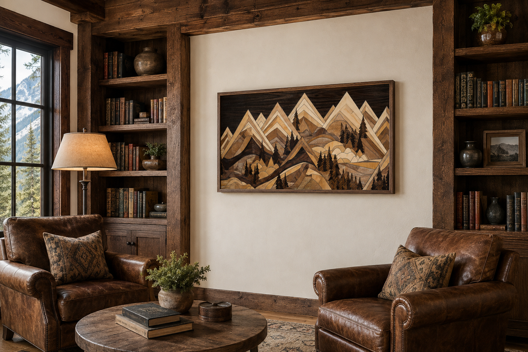 Framed wood mountain canvas wall art with geometric peaks in a rustic cabin living room.