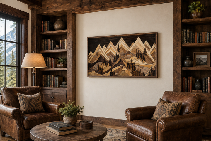 Framed wood mountain canvas wall art with geometric peaks in a rustic cabin living room.