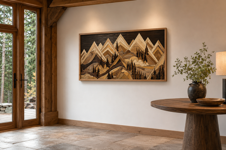 Framed wood mountain painting canvas wall art with geometric peaks in a rustic cabin interior.