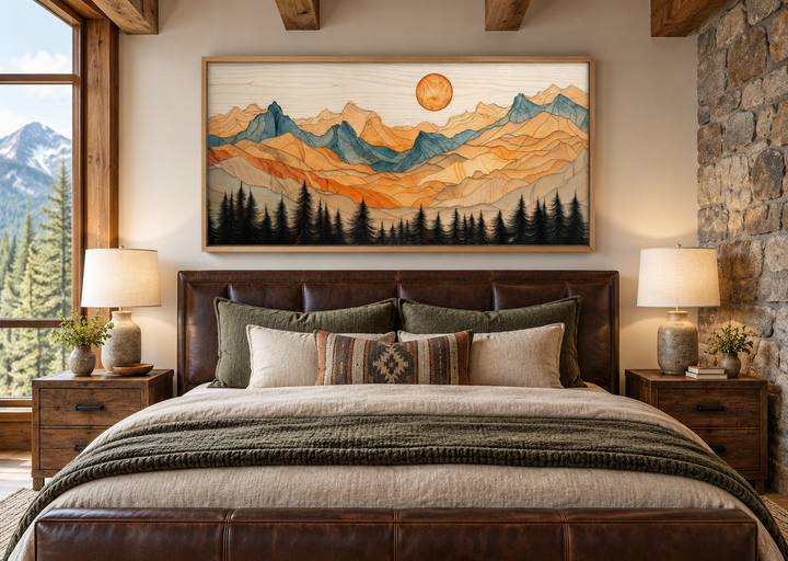 Rustic mountain wall art with a layered wood effect above a bed in a cabin-style bedroom.