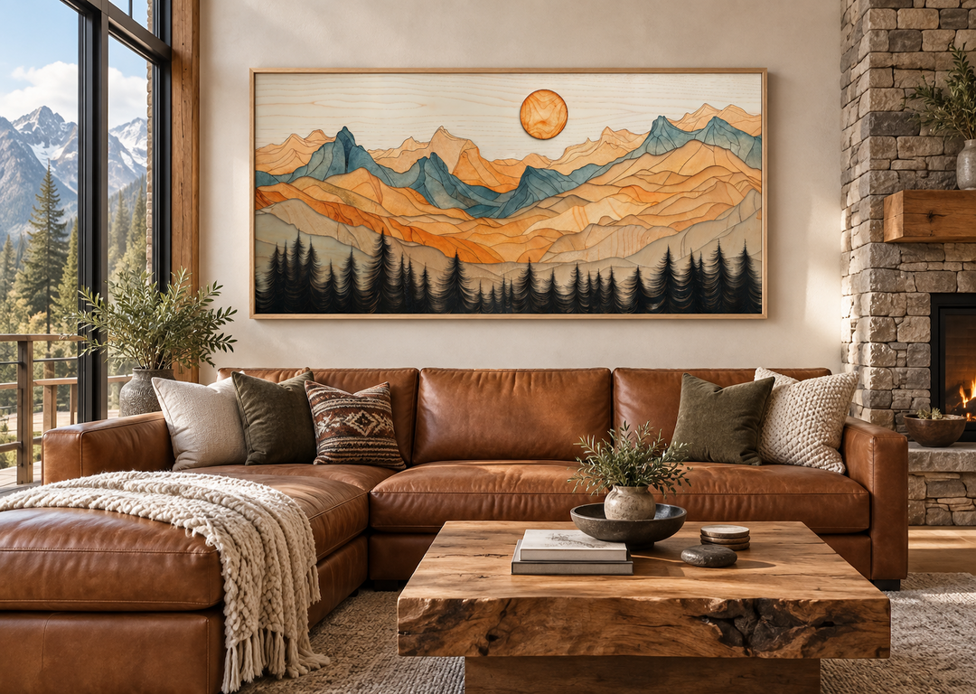 Rustic mountain wall art with layered wood effect above a leather sofa in a cabin living room.