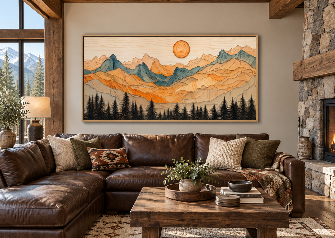 Rustic layered wood mountain wall art above a brown leather sofa in a cozy cabin living room.