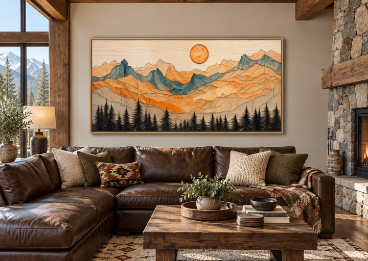 Rustic layered wood mountain wall art above a brown leather sofa in a cozy cabin living room.