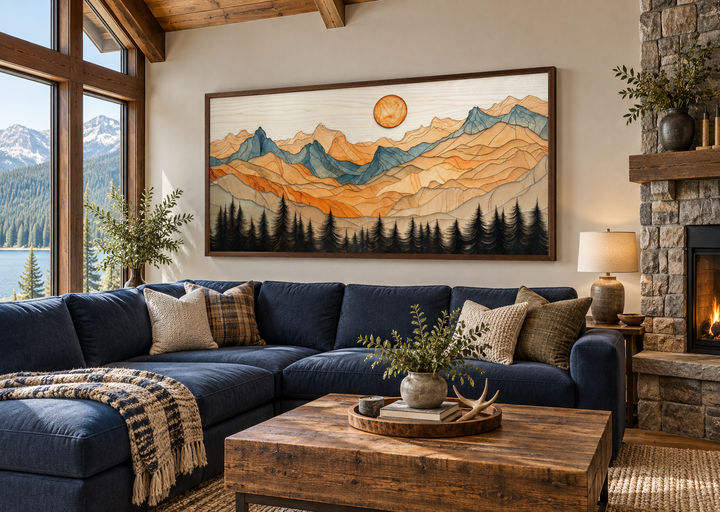 Rustic layered wood mountain wall art above a blue sectional sofa in a cabin living room.