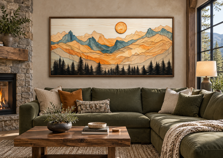 Rustic layered wood mountain wall art above a green sectional sofa in a cabin living room.