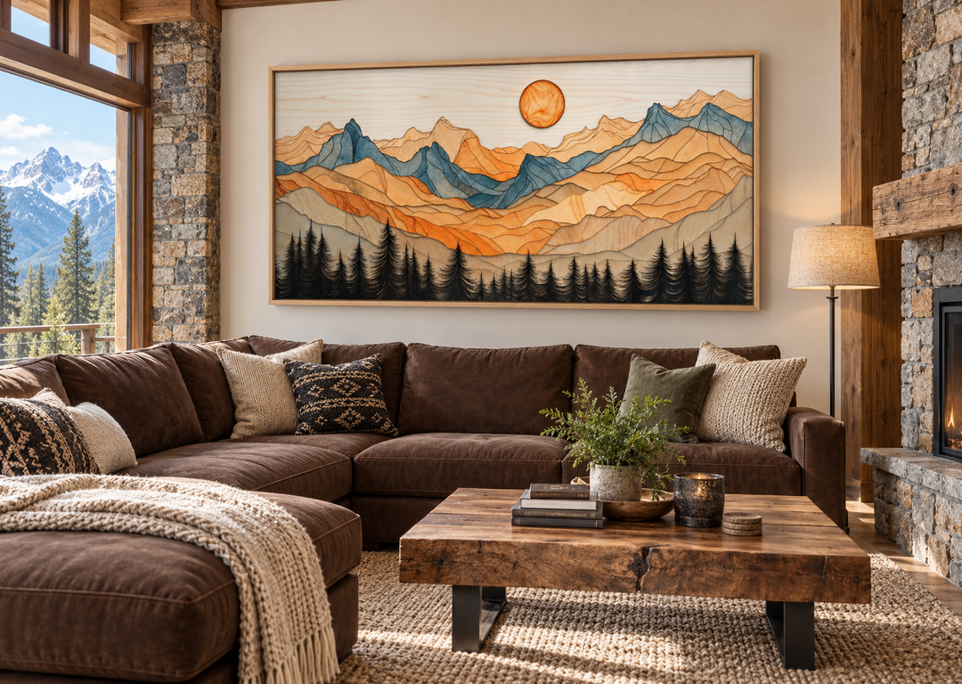 Rustic layered wood mountain wall art above a brown sectional sofa in a cabin living room.