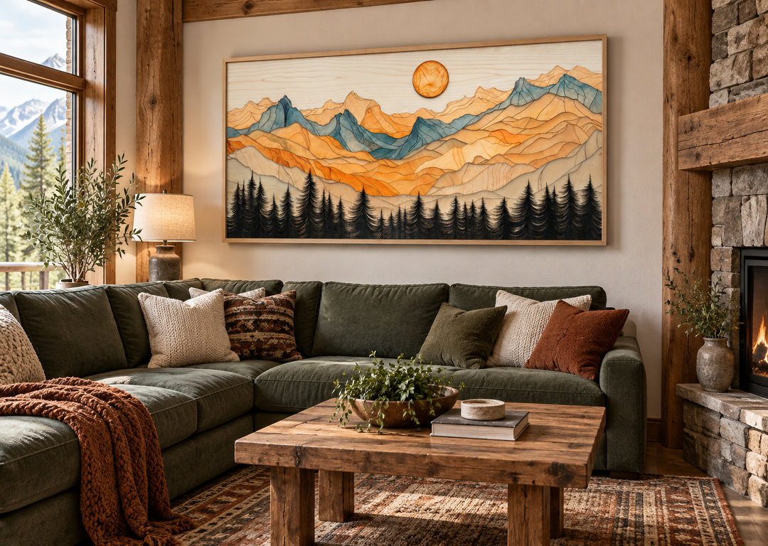 Rustic mountain wall art with layered wood effect above a green sectional in a cabin living room.