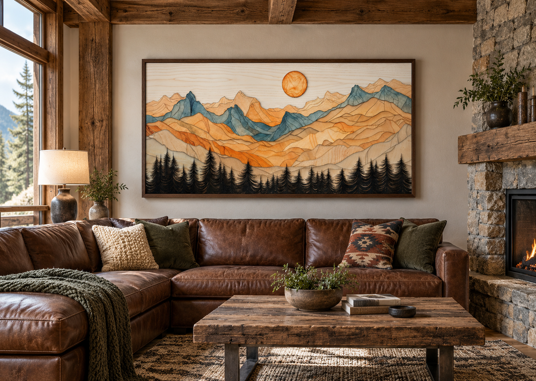 Rustic layered wood mountain wall art above a brown leather sofa in a cabin living room.