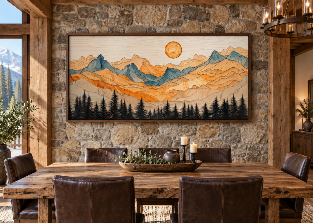 Rustic mountain wall art with layered wood effect in a cabin dining room above a wooden table.