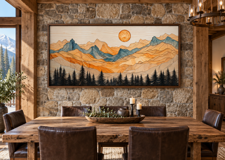 Rustic mountain wall art with layered wood effect in a cabin dining room above a wooden table.