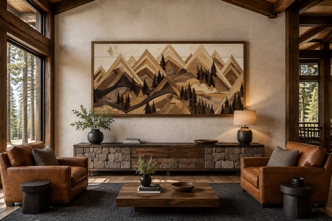 Wooden mountain with eagle framed canvas wall art in a rustic cabin living room.