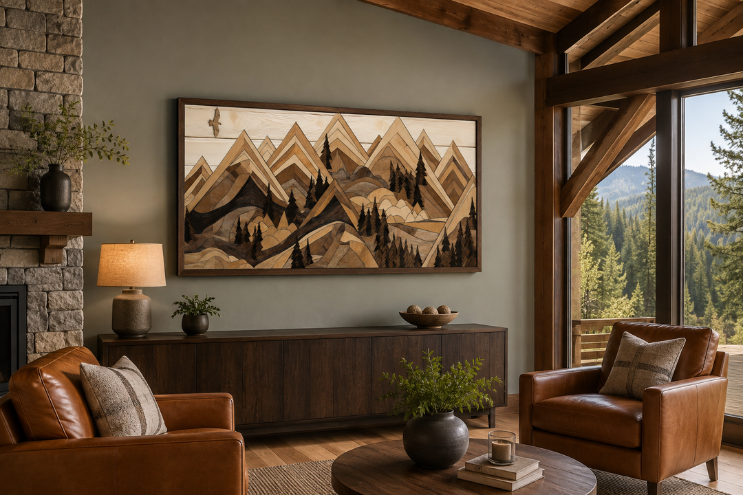 Framed canvas wall art featuring a layered wooden mountain landscape with a soaring eagle.