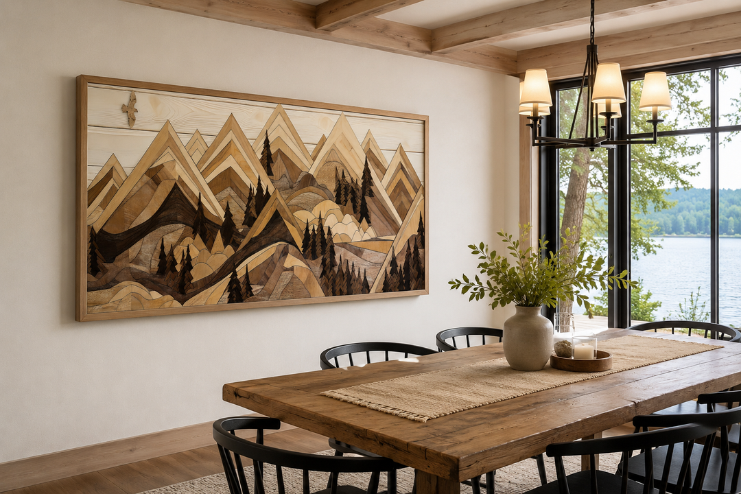 Framed horizontal canvas wall art of layered wooden mountains and a soaring eagle in a rustic room.