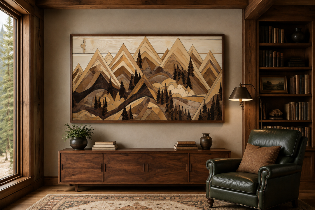 Framed canvas wall art of wooden mountains and an eagle above a sideboard in a rustic cabin room.