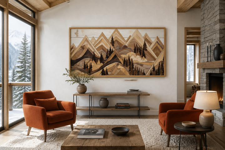 Framed horizontal canvas wall art featuring a layered wooden mountain landscape with a soaring eagle.