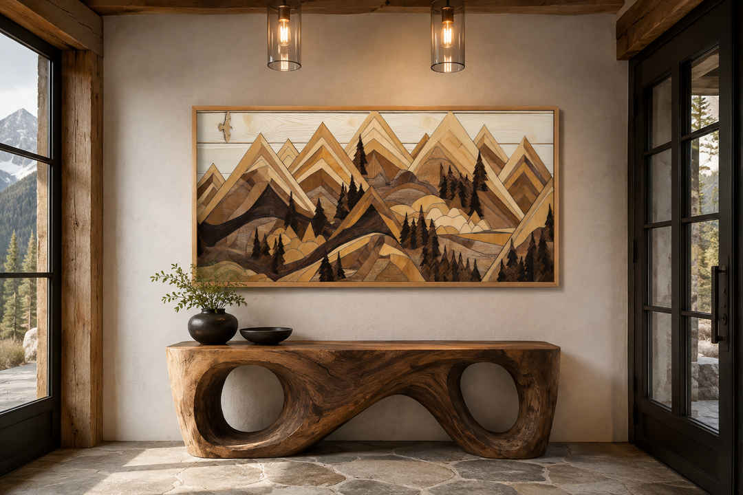 Wooden mountain with eagle framed canvas wall art above a rustic console table in a cabin setting.