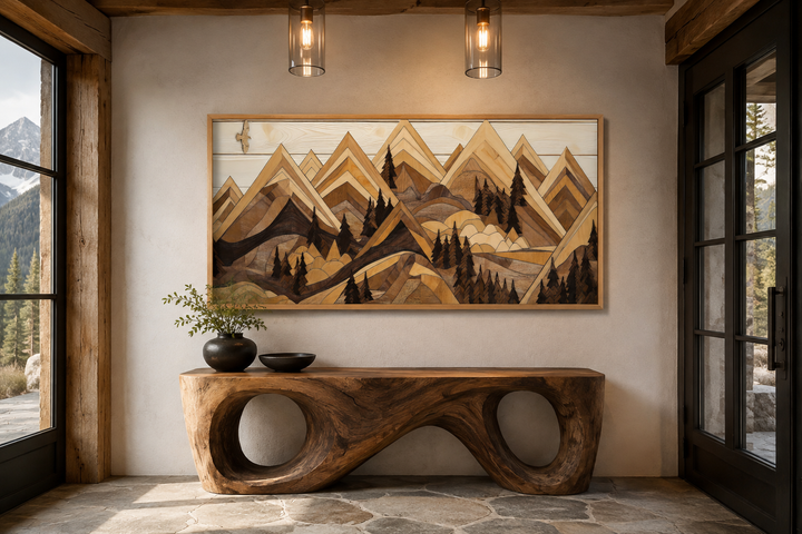 Wooden mountain with eagle framed canvas wall art above a rustic console table in a cabin setting.