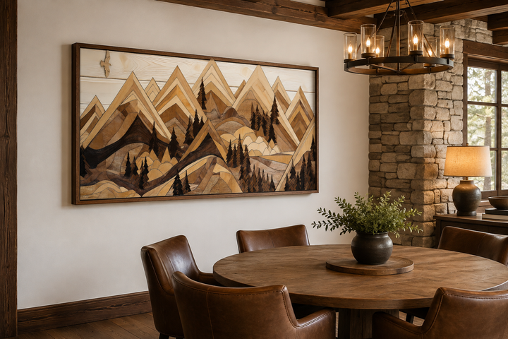 Wooden mountain and eagle framed canvas wall art in a rustic dining room with cabin decor.