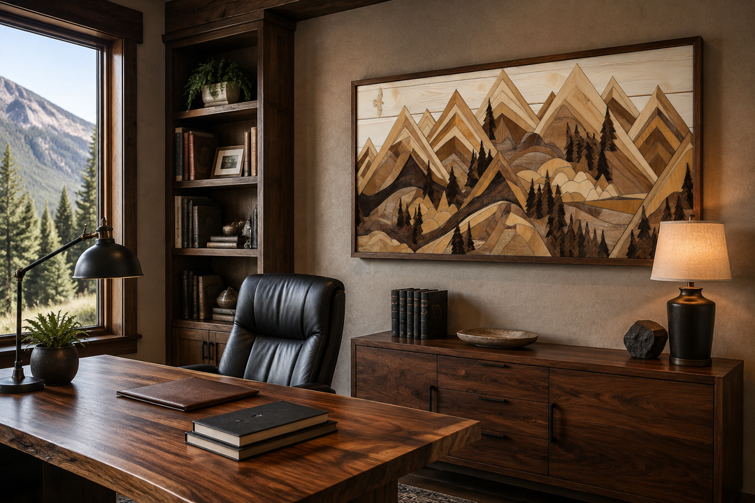 Wooden mountain with eagle framed canvas wall art in a rustic cabin office setting.