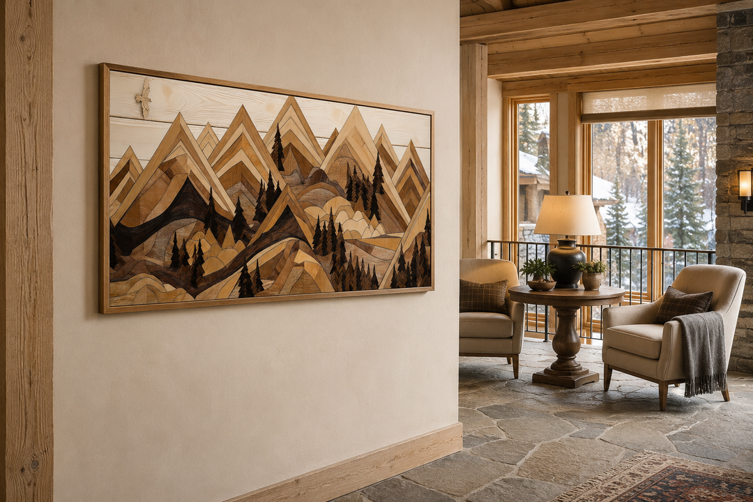 Wooden mountain with eagle framed canvas wall art in a rustic cabin living room.