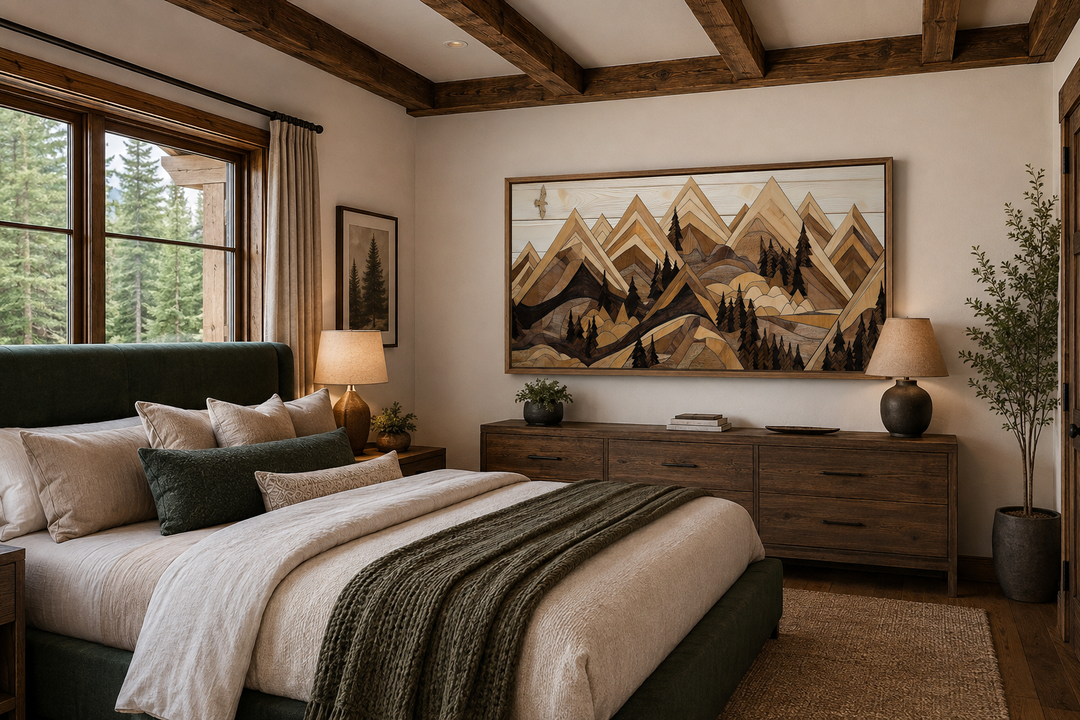 Framed horizontal canvas wall art of layered wooden mountains and a soaring eagle in a rustic room.