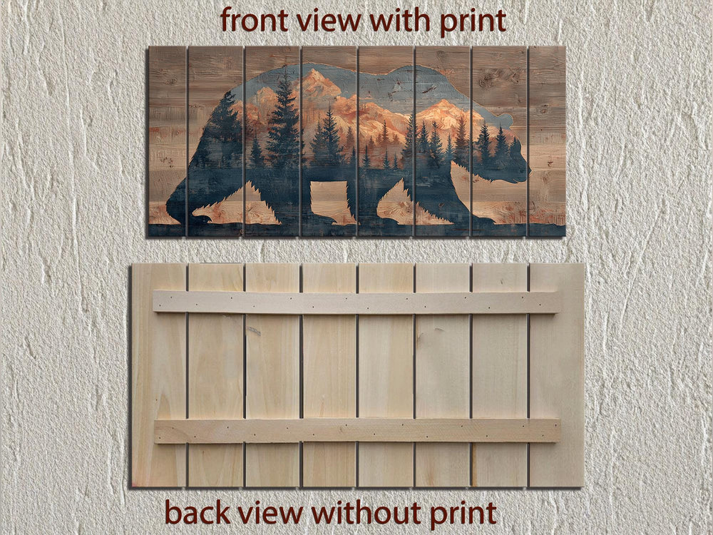 Wooden bear silhouette wall art featuring a mountain and forest scene on vertical wood planks.