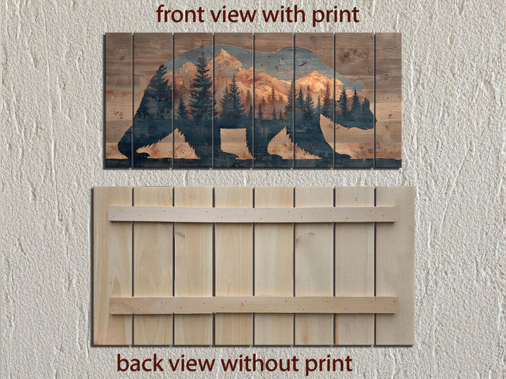 Wooden bear silhouette wall art featuring a mountain and forest scene on vertical wood planks.