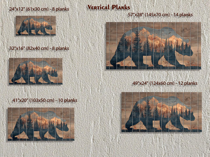 Rustic bear silhouette wood wall art featuring mountain and forest scenes in five available sizes.