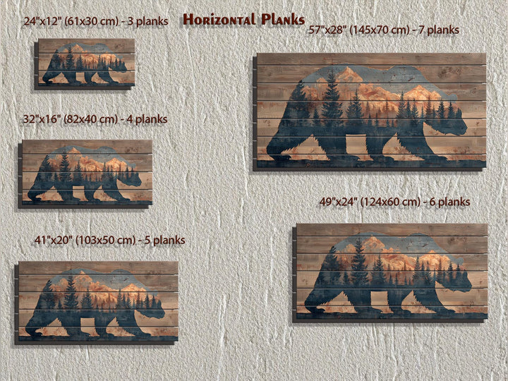 Five horizontal wood wall art pieces featuring a bear silhouette with a mountain and forest scene.