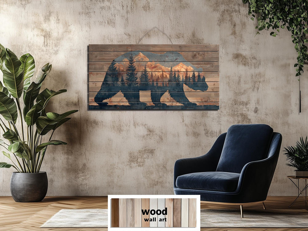 Wooden bear silhouette wall art featuring a mountain and forest scene on distressed wood planks.