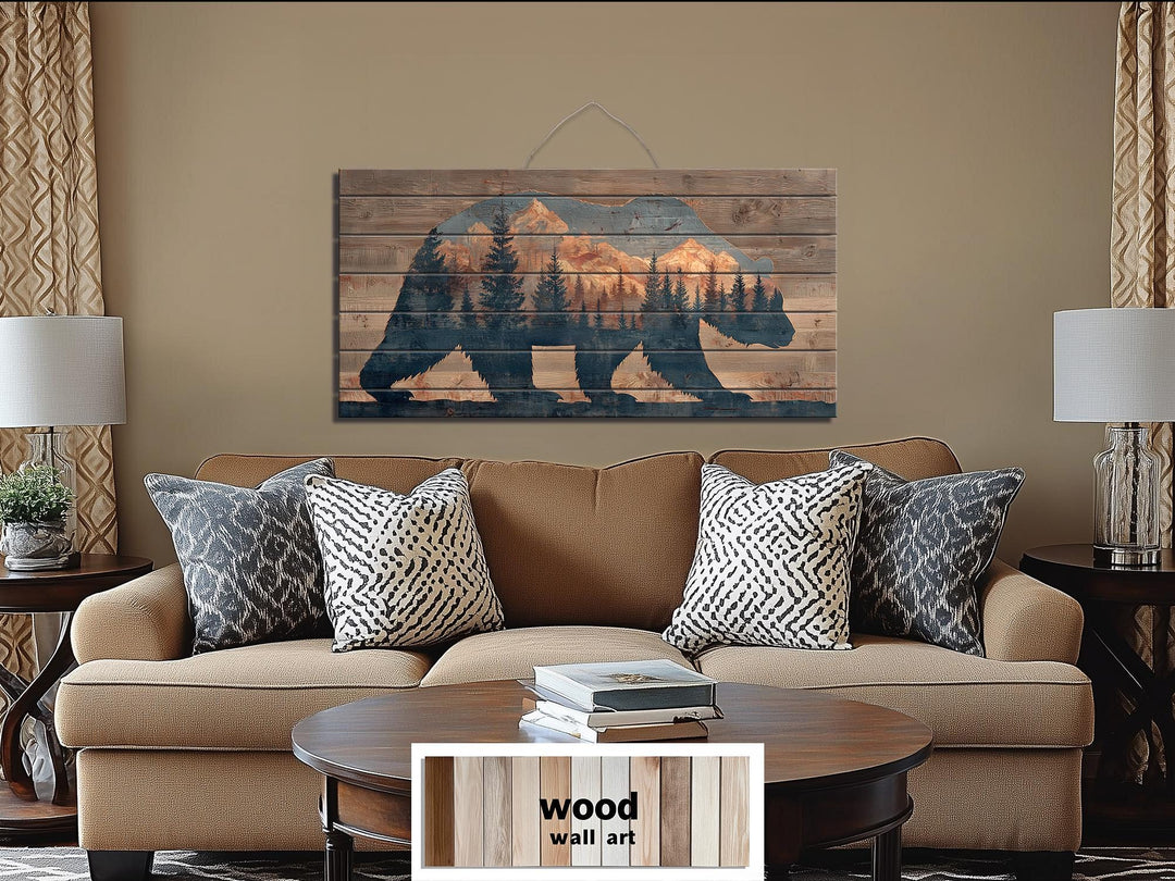 Wooden bear silhouette wall art with mountain and forest scenery on distressed wood planks.