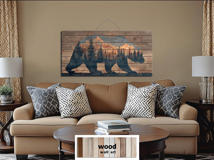 Wooden bear silhouette wall art with mountain and forest scenery on distressed wood planks.