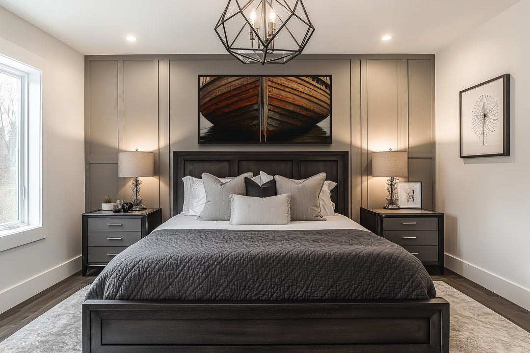 Wooden Boat Wall Art – Rustic Cabin Decor | Framed Canvas Print for Lake House