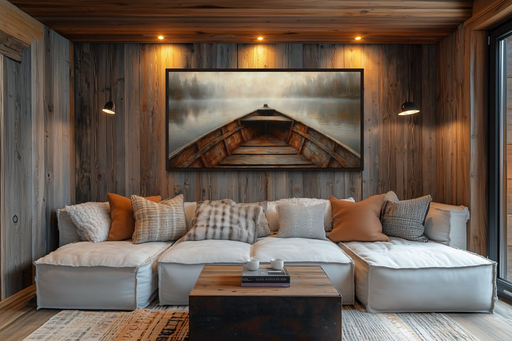 Wooden Boat Wall Art – Rustic Cabin Decor | Framed Lake Canvas Print