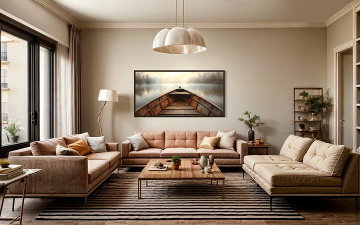 Wooden Boat Wall Art – Rustic Cabin Decor | Framed Lake Canvas Print