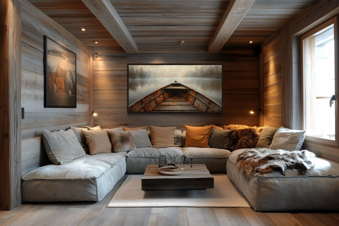 Wooden Boat Wall Art – Rustic Cabin Decor | Framed Lake Canvas Print