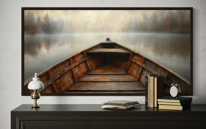 Wooden Boat Wall Art – Rustic Cabin Decor | Framed Lake Canvas Print