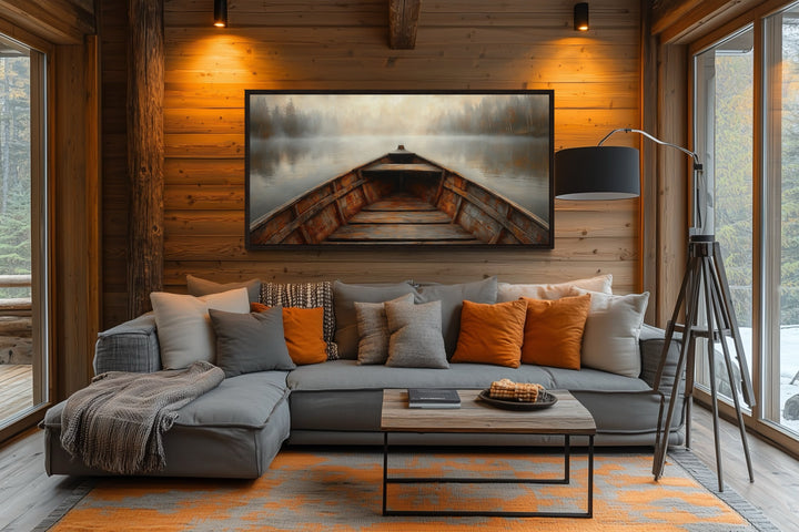 Wooden Boat Wall Art – Rustic Cabin Decor | Framed Lake Canvas Print