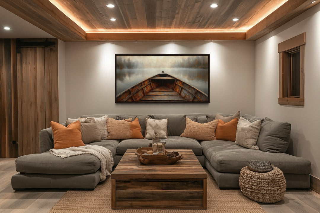 Wooden Boat Wall Art – Rustic Cabin Decor | Framed Lake Canvas Print