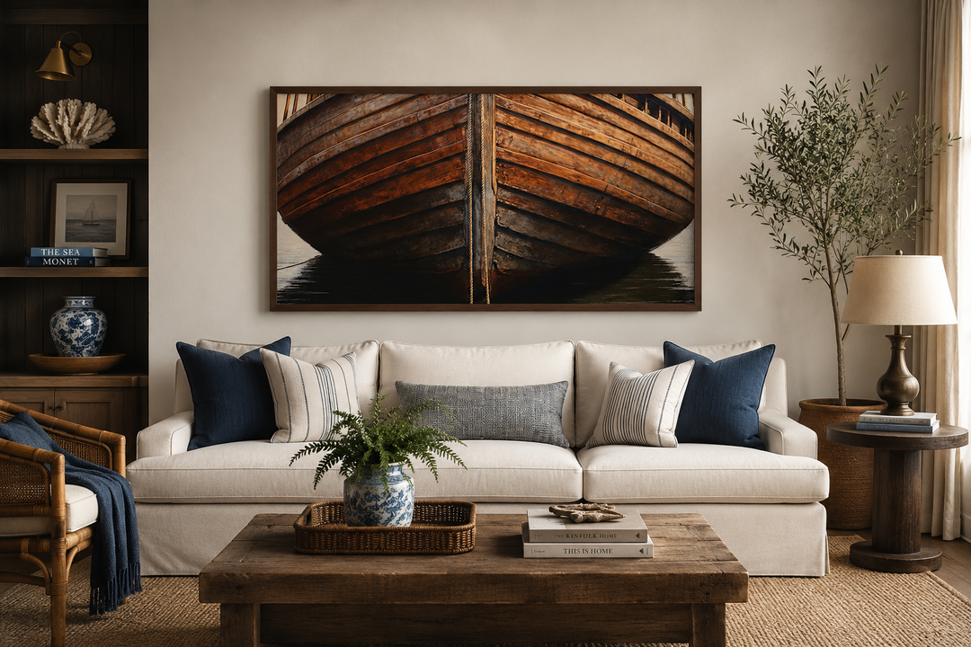 Framed wooden boat wall art hanging above a white sofa in a rustic living room.