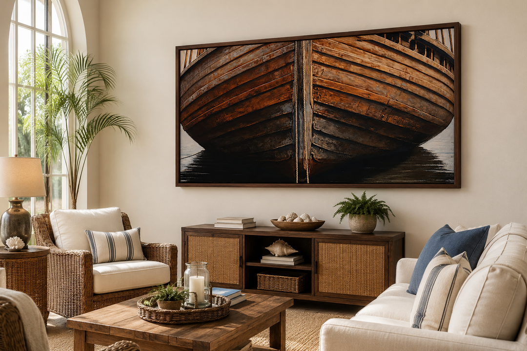 Large framed canvas print of a rustic wooden boat hull hanging in a coastal-style living room.