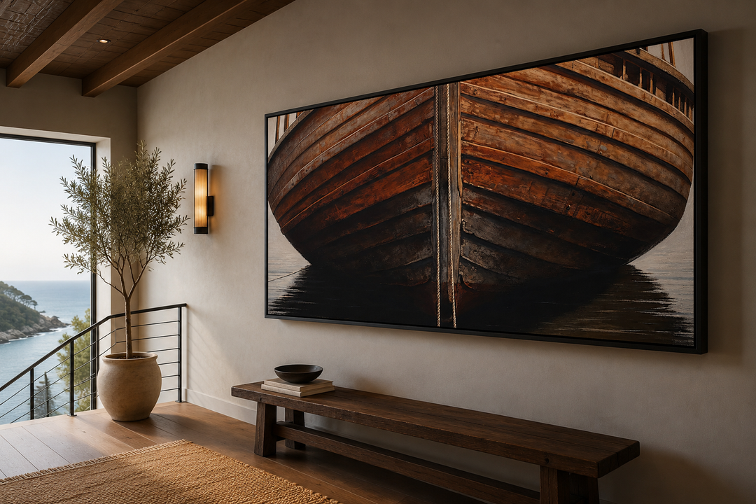Large framed canvas print of a weathered wooden boat bow in a rustic living room setting.