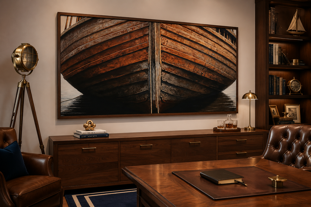 Large framed canvas print of a rustic wooden boat hull in a home office with dark wood furniture.