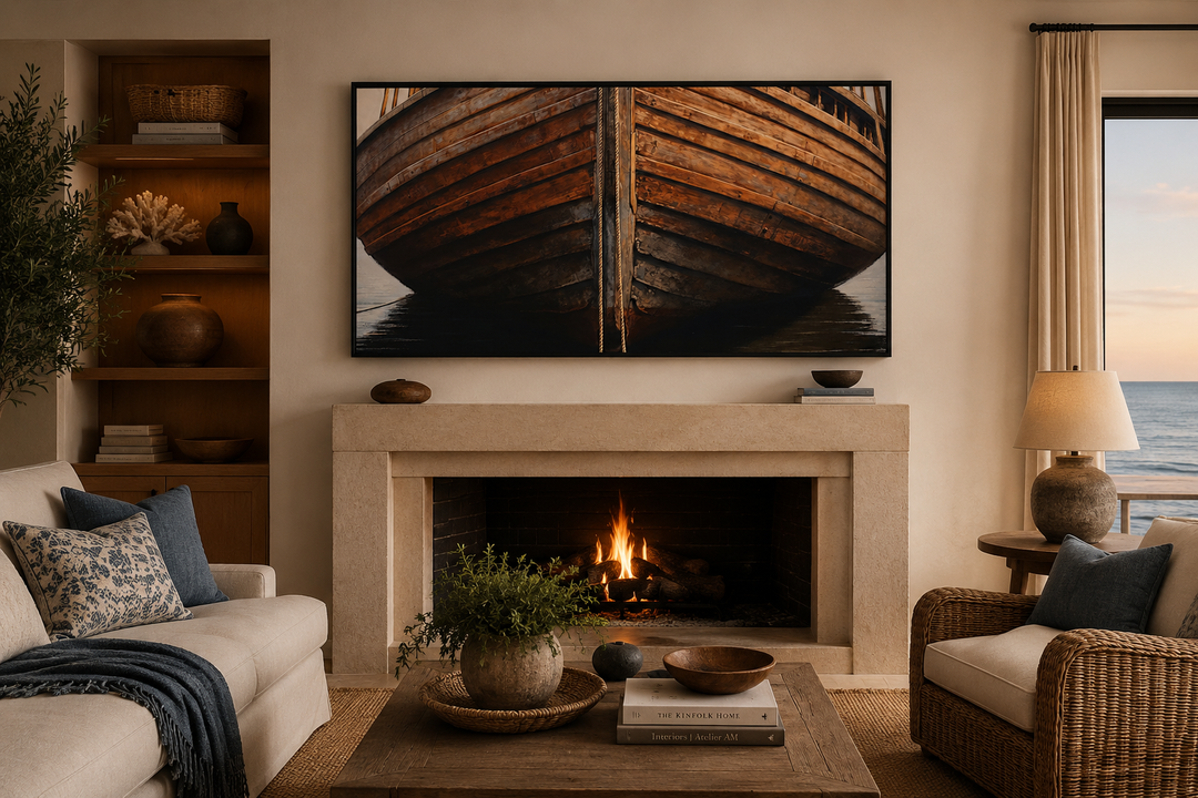 Framed canvas print of a rustic wooden boat hull mounted above a fireplace in a cozy living room.