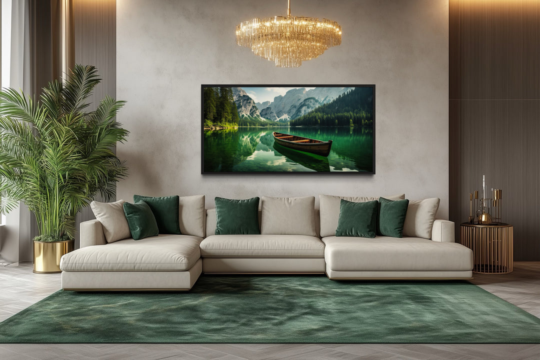 Wooden Canoe In Emerald Green Lake Framed Canvas Wall Art