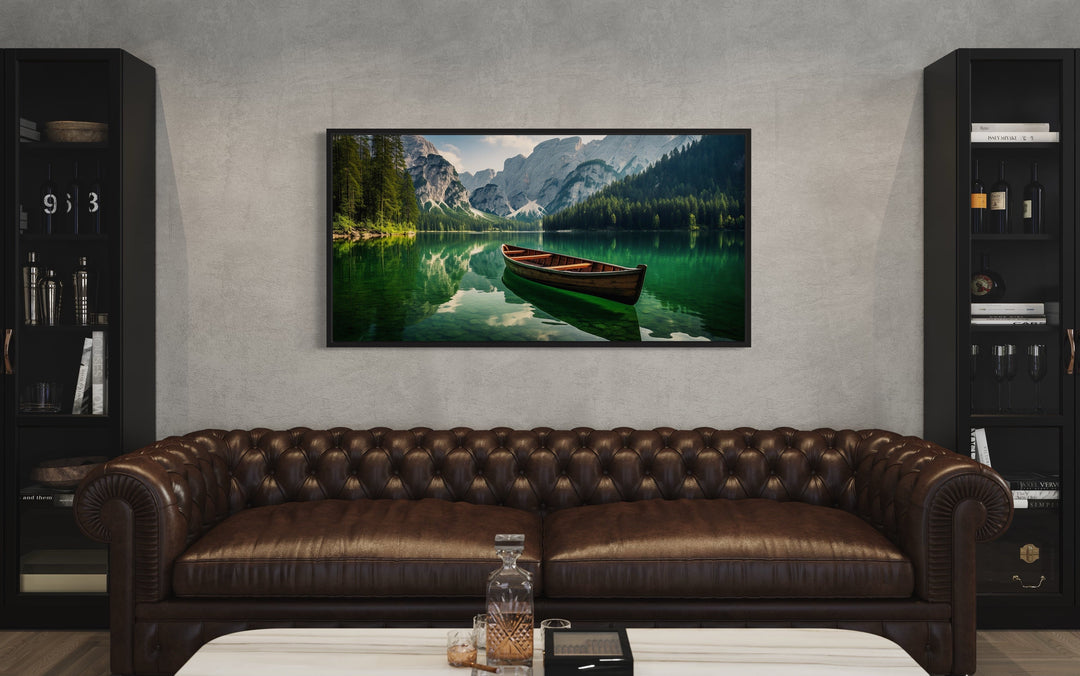 Wooden Canoe In Emerald Green Lake Framed Canvas Wall Art