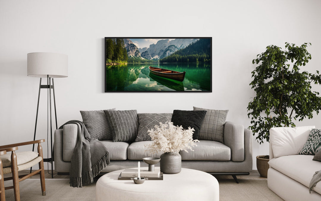 Wooden Canoe In Emerald Green Lake Framed Canvas Wall Art