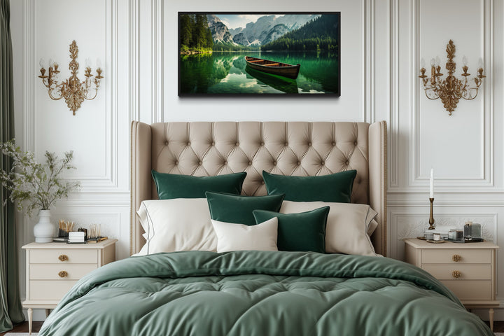 Wooden Canoe In Emerald Green Lake Framed Canvas Wall Art